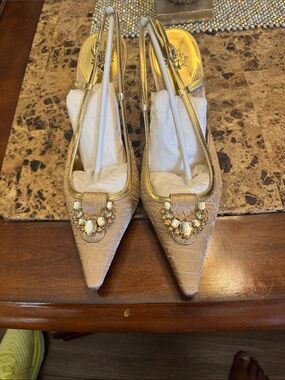 bebe Gold Jeweled Pointed Toe Slingback Heels